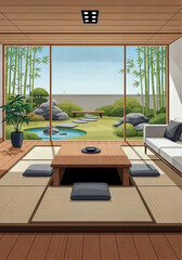 Modern Japanese‑style office lounge with tatami flooring, low wooden table, minimalist furniture, large windows with garden view, clean vector illustration.
