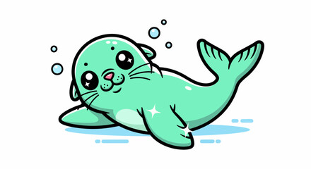 Adorable cartoon seal with big eyes and a happy expression, swimming in the water. © Arc std.