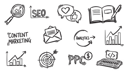 Hand-drawn black and white business icons depicting seo, content marketing, analytics, email, and ppc for digital marketing concepts.
