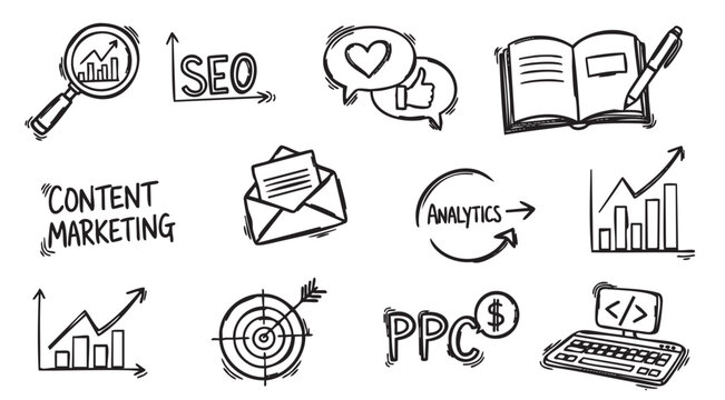 Hand-drawn black and white business icons depicting seo, content marketing, analytics, email, and ppc for digital marketing concepts.