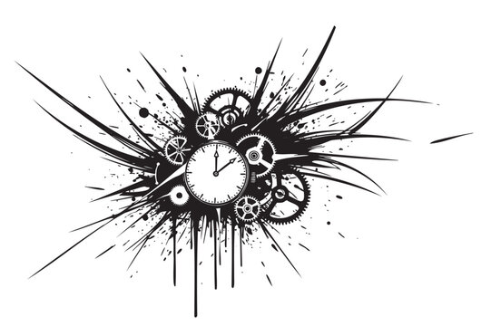 Black and white abstract clock design with gears and splatters creating a dynamic sense of motion and time.