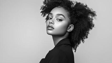 Young black woman with curly afro hair posing looking at camera in black and white studio portrait fashion beauty elegance - Powered by Adobe
