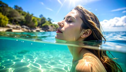 Woman Relaxing in Clear Ocean Water.