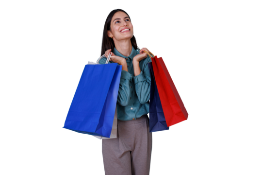 Happy young woman enjoying shopping, holding colorful bags, smiling and looking up, transparent background - Powered by Adobe