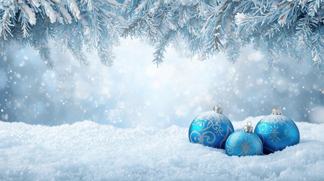 A serene winter scene featuring three blue Christmas ornaments with icy patterns resting in fresh snow in the foreground, framed by frosted pine branches above, against a soft, luminous blue backgroun