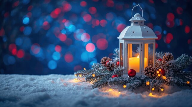 A cozy winter scene featuring a white vintage-style lantern with a lit candle, surrounded by frosted pine boughs, pine cones, and warm string lights, all sitting on snow against a magical background o