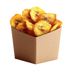 Banana chips PNG die-cut in brown paper box, crispy dried banana snack isolated on transparent background, banana chips snack packaging mockup for food branding, natural dessert concept, eco design