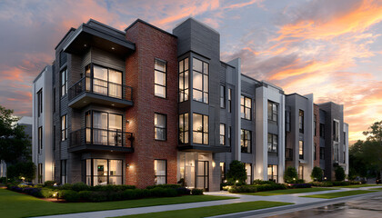 Modern multifamily housing property with brick, siding facade features balconies, manicured lawns