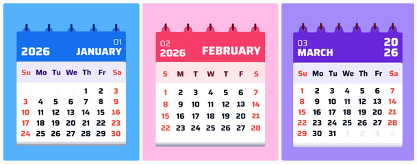 January 2026 Calendar. January february march 2026 Daily Planner, Minimal January 2026 Schedule Layout. Vector artwork