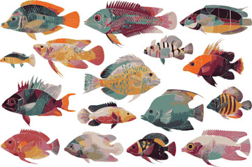Tropical fish collection isolated on transparent background. fish header, png web banner