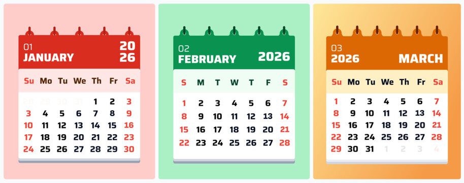 January 2026 Calendar. February january march 2026 Monthly Schedule, Creative January 2026 Time Management Design. Vector graphic