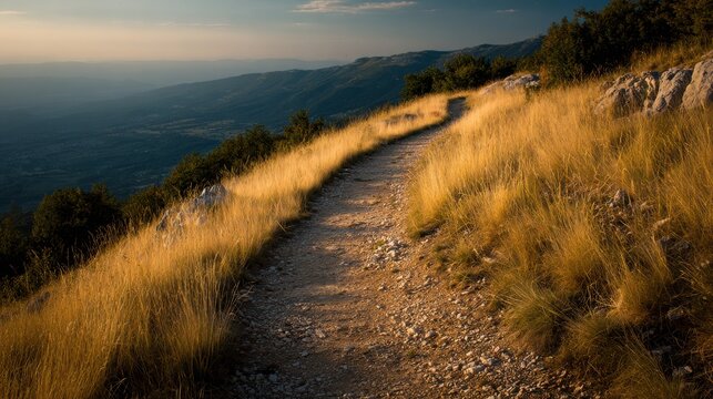 A winding dirt path leading through a sunlit mountain landscape