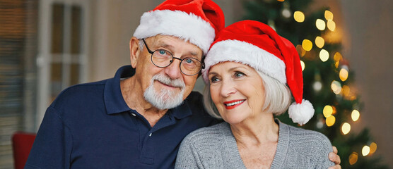 Christmas Cheer Couple: An elderly couple, adorned in festive Santa hats, share a heartwarming embrace in front of a twinkling Christmas tree, exuding the spirit of the season.