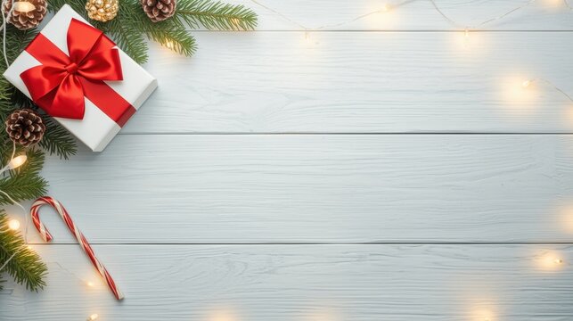 A flat lay photo featuring Christmas elements clustered in the top-left corner, including a white gift box with a red bow, fir branches, pine cones, and candy canes, all set on a white wooden backgrou