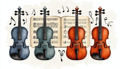 Naklejka premium Four Colorful Violins Arranged on Vintage Sheet Music Background