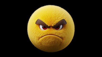 A 3D render of a fluffy, spherical, yellow character (similar to an angry emoji) with a deeply furious expression, featuring thick, dark, furrowed eyebrows and red-rimmed eyes, centered on a solid bla