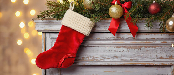 Holiday Cheer: A vibrant red stocking hangs over a festive mantelpiece, adorned with seasonal ornaments and twinkling lights, evoking a sense of cozy anticipation and the warmth of holiday traditions.
