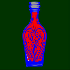  Ornate bottle with a heart pattern in a tribal style, red blue and dark green, representing a love potion or elixir