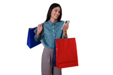 Happy woman shopping online with smartphone, carrying paper bags, enjoying retail therapy and modern consumerism