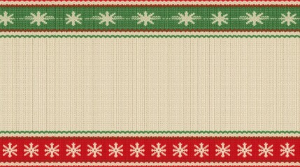 A horizontal background styled like an ugly Christmas sweater pattern, featuring a central light beige knit texture area bordered by strips of red and green zigzag and snowflake patterns.