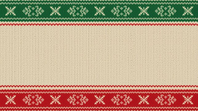 A horizontal background styled like an ugly Christmas sweater pattern, featuring a central light beige knit texture area bordered by strips of red and green zigzag and snowflake patterns.