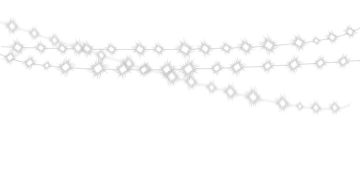 Three strands of white christmas lights with starburst effect on a black background for holiday decoration on transparent background