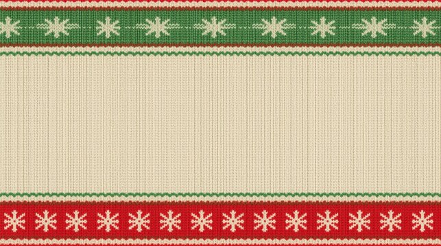 A horizontal background styled like an ugly Christmas sweater pattern, featuring a central light beige knit texture area bordered by strips of red and green zigzag and snowflake patterns.
