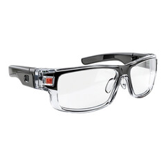 Modern clear lens safety glasses with black frames and integrated technology feature