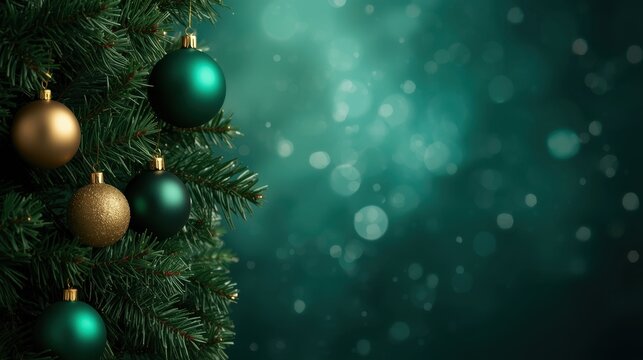 A close-up of a dark green pine Christmas tree is decorated with matte emerald green and gold baubles, set against a blurred, moody teal background with sparkling bokeh lights and falling snow effects