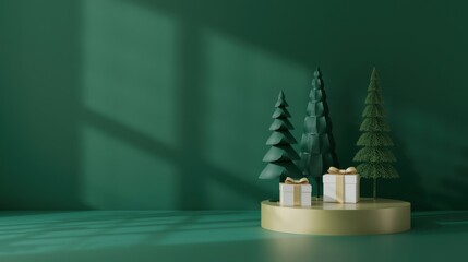 A minimalist 3D render featuring a white gift box and two simple geometric Christmas trees resting on a golden podium against a deep emerald green wall with sharp window light and shadows.