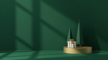 A minimalist 3D render featuring a white gift box and two simple geometric Christmas trees resting on a golden podium against a deep emerald green wall with sharp window light and shadows.