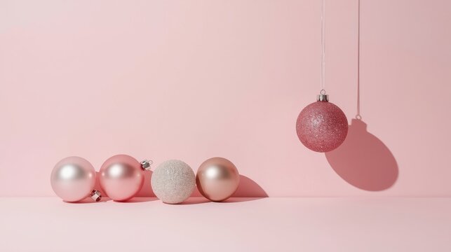 A minimalist scene with a pink background features a row of four pastel pink and off-white Christmas ornaments on the floor, while a fifth pink bauble hangs, casting a long shadow to the right. - Powered by Adobe