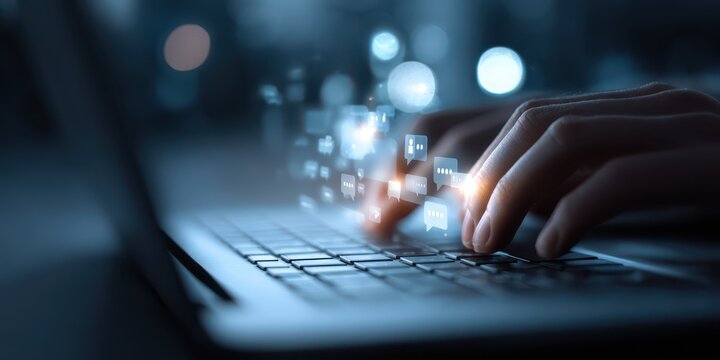Closeup of hands typing on a laptop keyboard with digital icons hovering above the keys, symbolizing technology and innovation