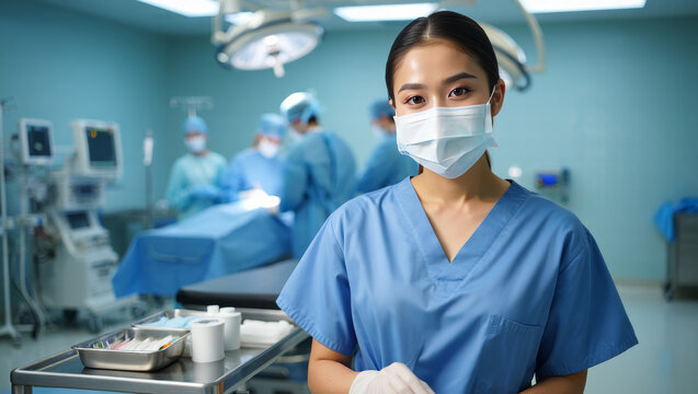 A female surgeon stands in an operating room, ready to perform a medical procedure with her team. - Powered by Adobe