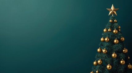 A dark teal or emerald green wall serves as the background for a decorated Christmas tree, visible on the right, adorned with golden baubles and topped with a metallic gold star.