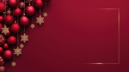 A dark crimson background with a subtle golden frame on the right side, bordered on the upper left by a cluster of hanging red Christmas baubles and golden snowflake decorations.