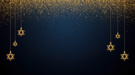 A dark blue background is accented by a shower of falling golden glitter from the top, with four glowing, illuminated star decorations hanging from thin threads.