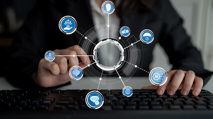 A business professional engages with a futuristic technology interface that highlights artificial intelligence and data management solutions in a corporate setting. Crux