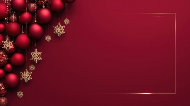 A dark crimson background with a subtle golden frame on the right side, bordered on the upper left by a cluster of hanging red Christmas baubles and golden snowflake decorations.