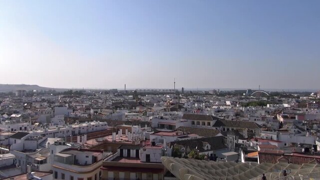 Seville cityscape from the Metropol Parasol tower of Las Setas structure in Encarnaci&oacute;n square. Andalusia, Spain, Europe. 
