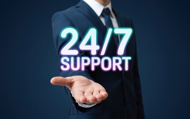Professional hand offering 24/7 support service with glowing text