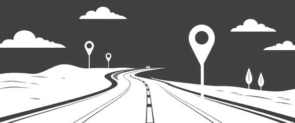 Stylized illustration of a winding road with location pins and clouds