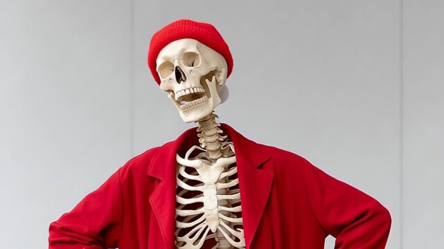 Skeleton figure wearing a red coat and hat strikes a confident pose, showcasing a playful character with a humorous expression, camera pans slightly to capture the full scene and character development