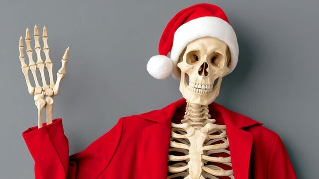 Skeleton wearing a festive red jacket and Santa hat greets viewers with a cheerful wave, showcasing a playful holiday spirit, captured in a series of engaging frames with smooth camera movement