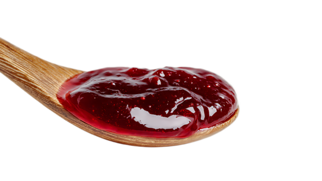 Close up of dark red jam or jelly on a wooden spoon against a black background in studio lighting