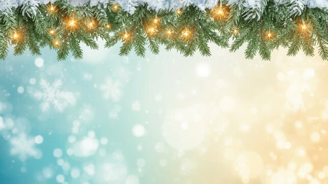 Pine branches dusted with frost and adorned with warm string lights border the top of a bright, blurred background featuring cool blue and soft yellow tones with floating bokeh and snow particles.