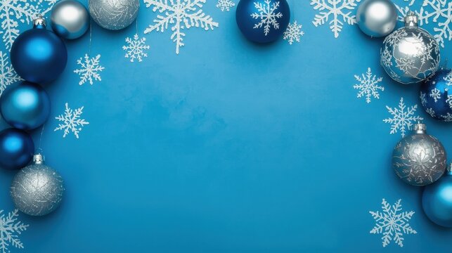 A vibrant blue background framed by Christmas decorations, including shiny blue and matte silver ornaments interspersed with hanging white paper snowflakes. - Powered by Adobe