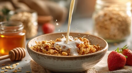 Pouring milk into a bowl of granola with strawberries, honey and oats on a table for a healthy breakfast meal