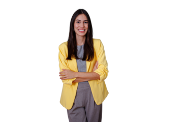 Confident young businesswoman smiling with arms crossed, standing and looking forward, transparent background