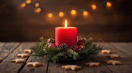 A single red pillar candle is burning brightly in a small Advent wreath of pine branches and pinecones, set on a rustic wooden table with scattered star cookies and blurred string lights in the backgr